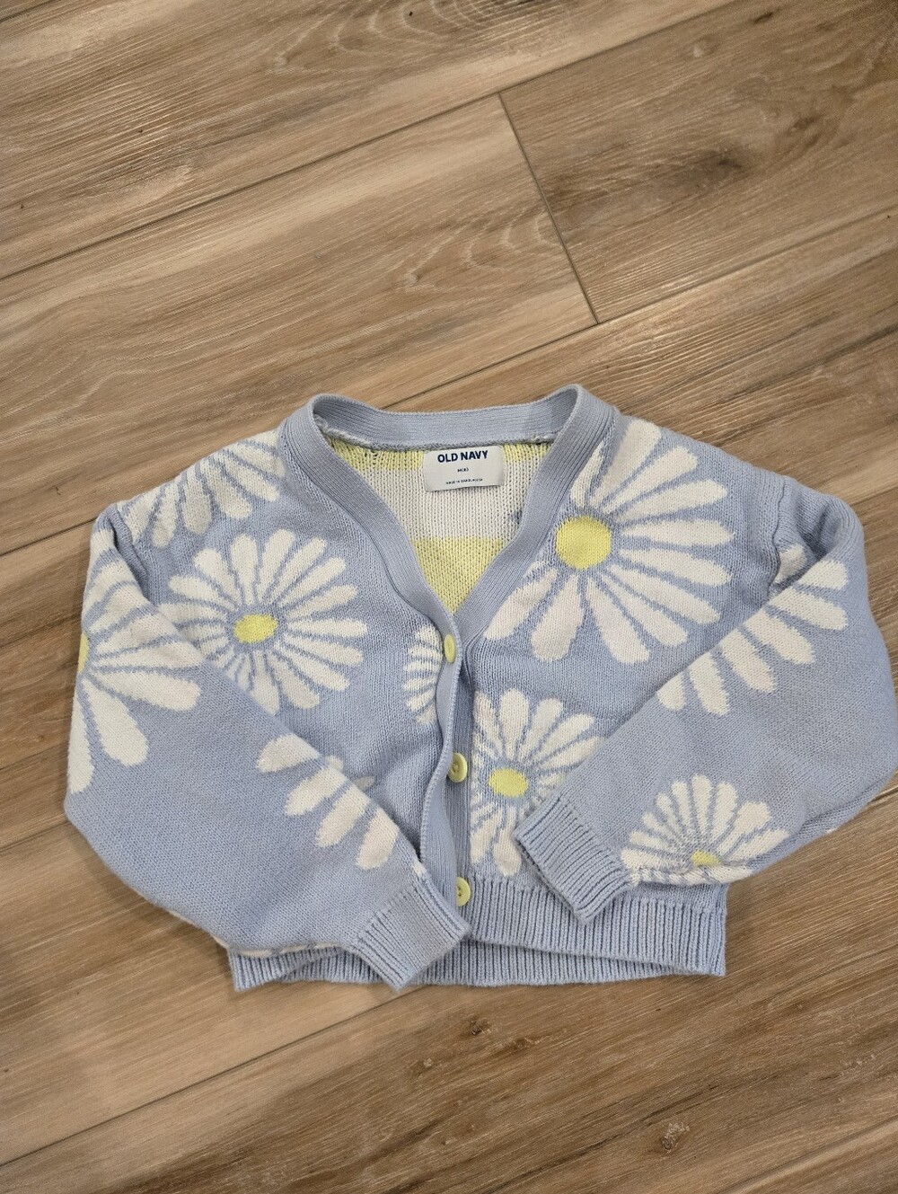 Old Navy Light Blue Daisy Knit Cropped Cardigan with Yellow Centers